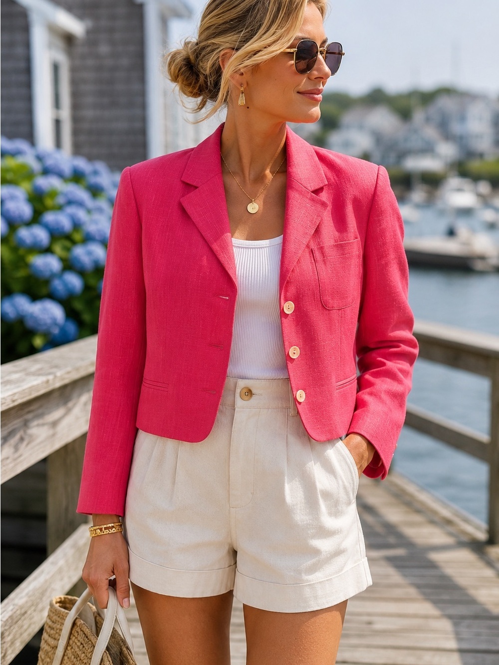 Harvé Benard Pink Linen Blend Cropped Blazer Jacket Career Office Preppy